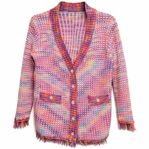 Colorful Textured Knit Artsy Cardigan – Open Front Fringe Trim Sweater